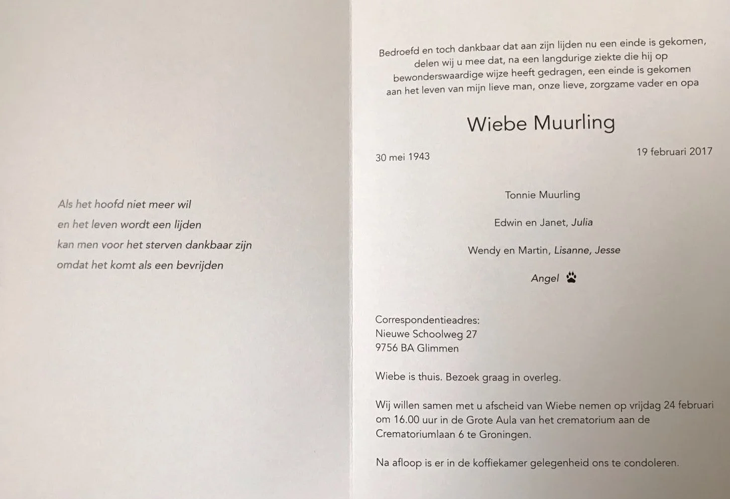 Rouwadvertentie Wiebe Muurling