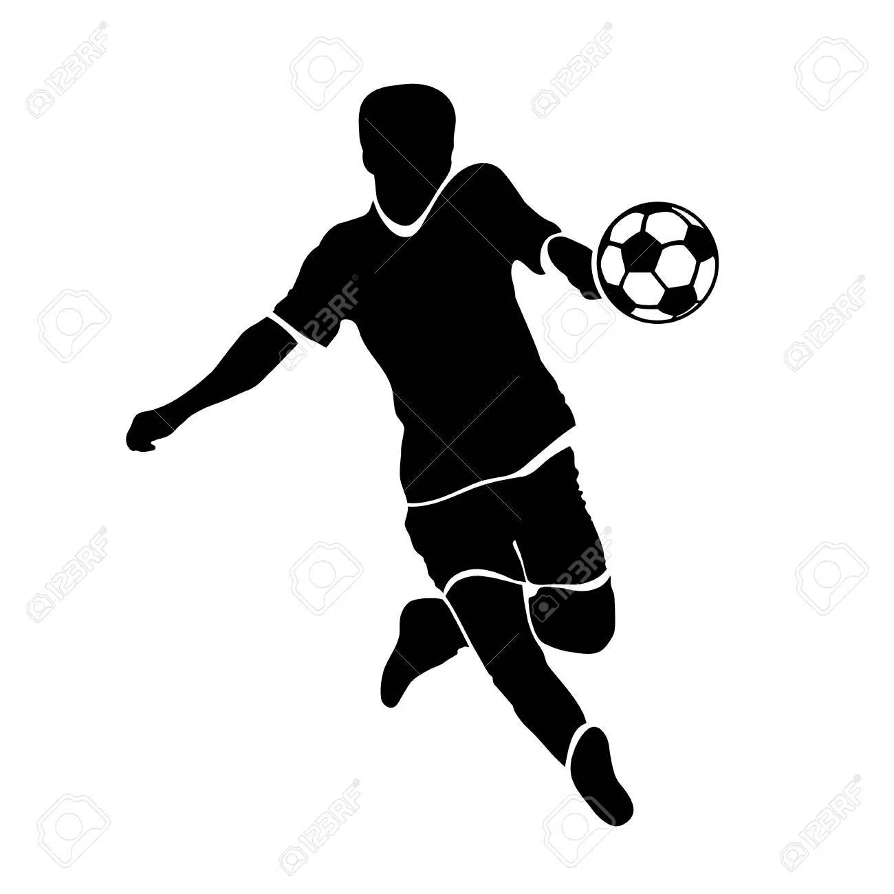 Footballer silhouette. Black football player outline with a ball, running and scoring goal, isolated on white background. Vector illustration